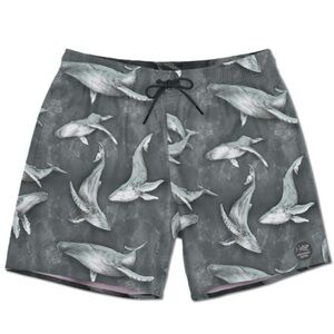 Psycho Tuna Whales Men's Gray Whale Print Swim Board Shorts, Small